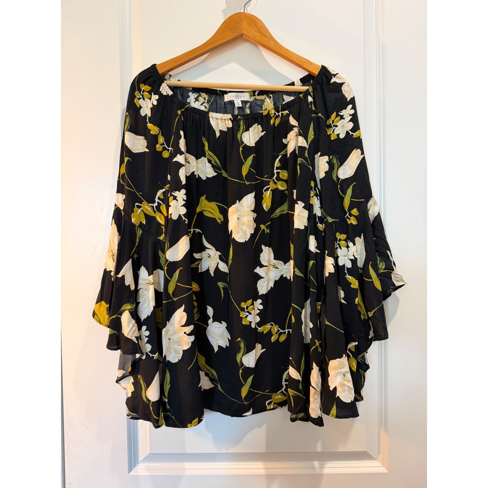 Fever Womens Floral Bell Sleeve Blouse Black Rayon Off Shoulder Top Large